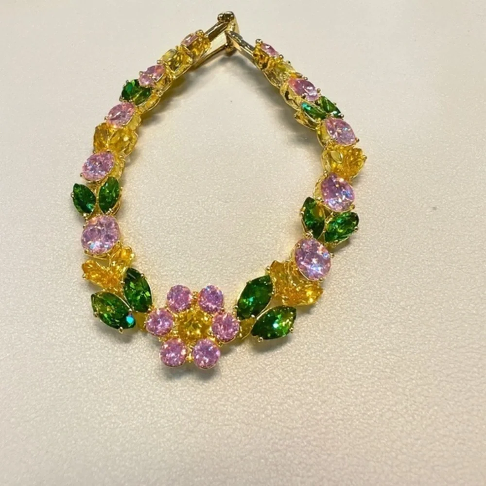 New Garden Bloom Statement Bracelet – Sparkling Spring Florals in‎ Pink, Green